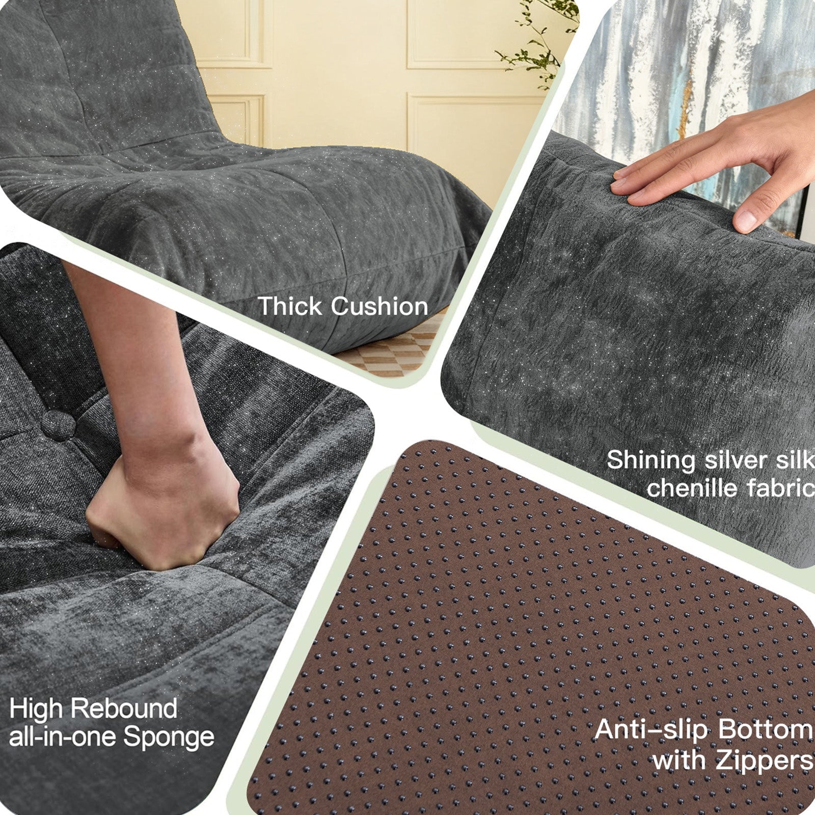 URBAN MEUBLE Série de chaises poufs en chenille Canapé paresseux Gris foncé 90x100x80 cm