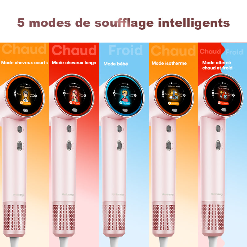 Uniorange H6 Sèche-cheveux à haute vitesse avec technologie plasma, écran LCD HD, 5 modes intelligents, 1600 W de puissance et 1 milliard d'ions plasma