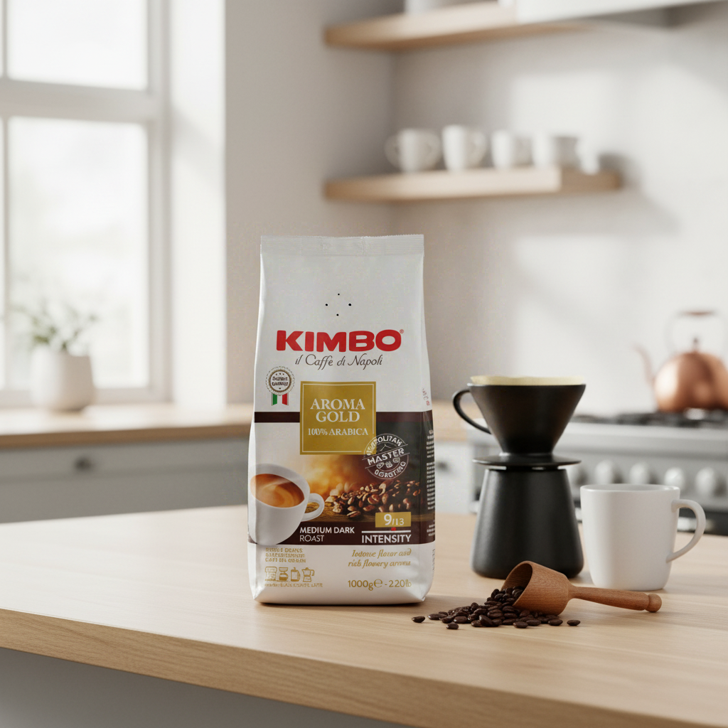 KIMBO AROMA GOLD Café en grains 100 % Arabica Torréfaction Moyennement Foncée intensité 9/13 - 1 kg