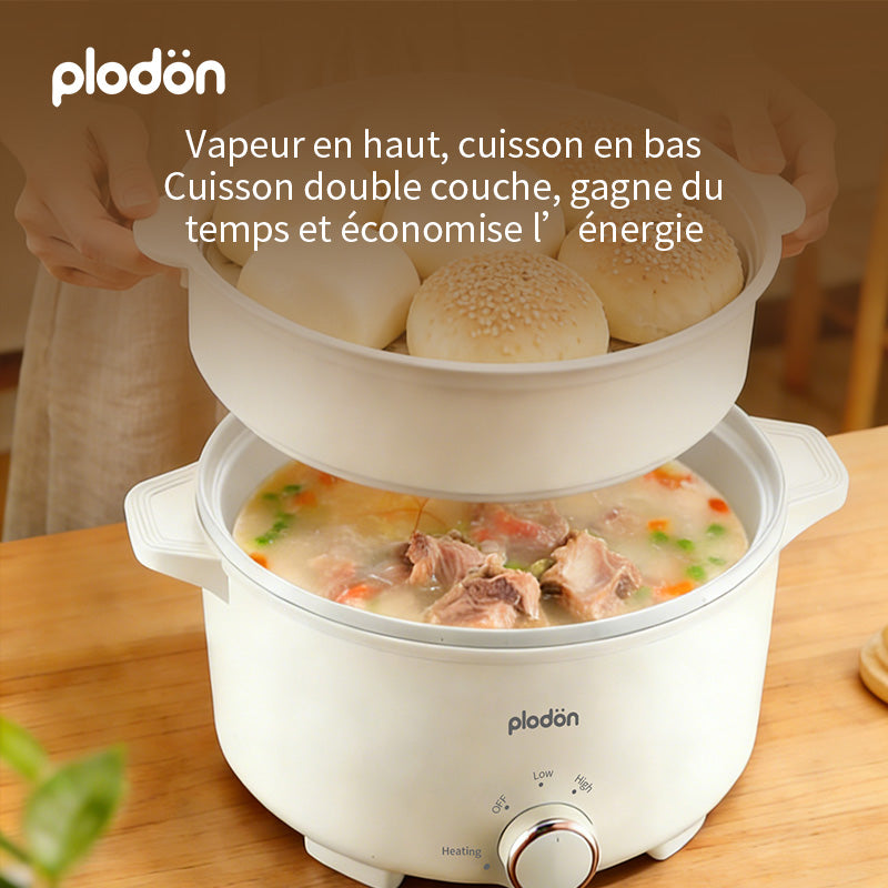 Plodon Marmite électrique multifonction antiadhésive 1 000 W, 2,4 L, avec cuiseur vapeur, fondue et double contrôle de puissance pour nouilles, pâtes, œufs, soupes