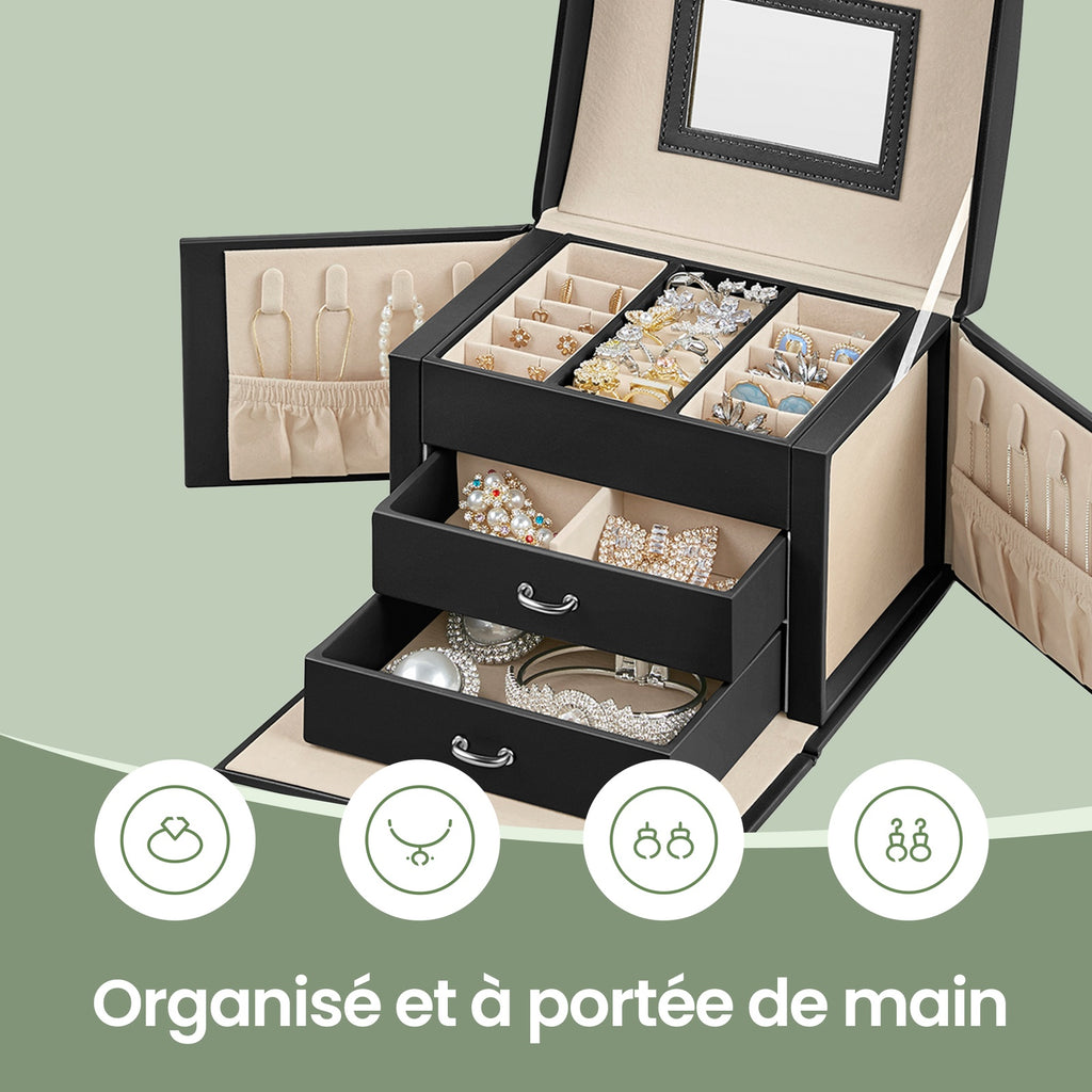JOYFURNOS Boîte de voyage pour bijoux avec miroir, 2 tiroirs, verrouillable, idée cadeau, noir