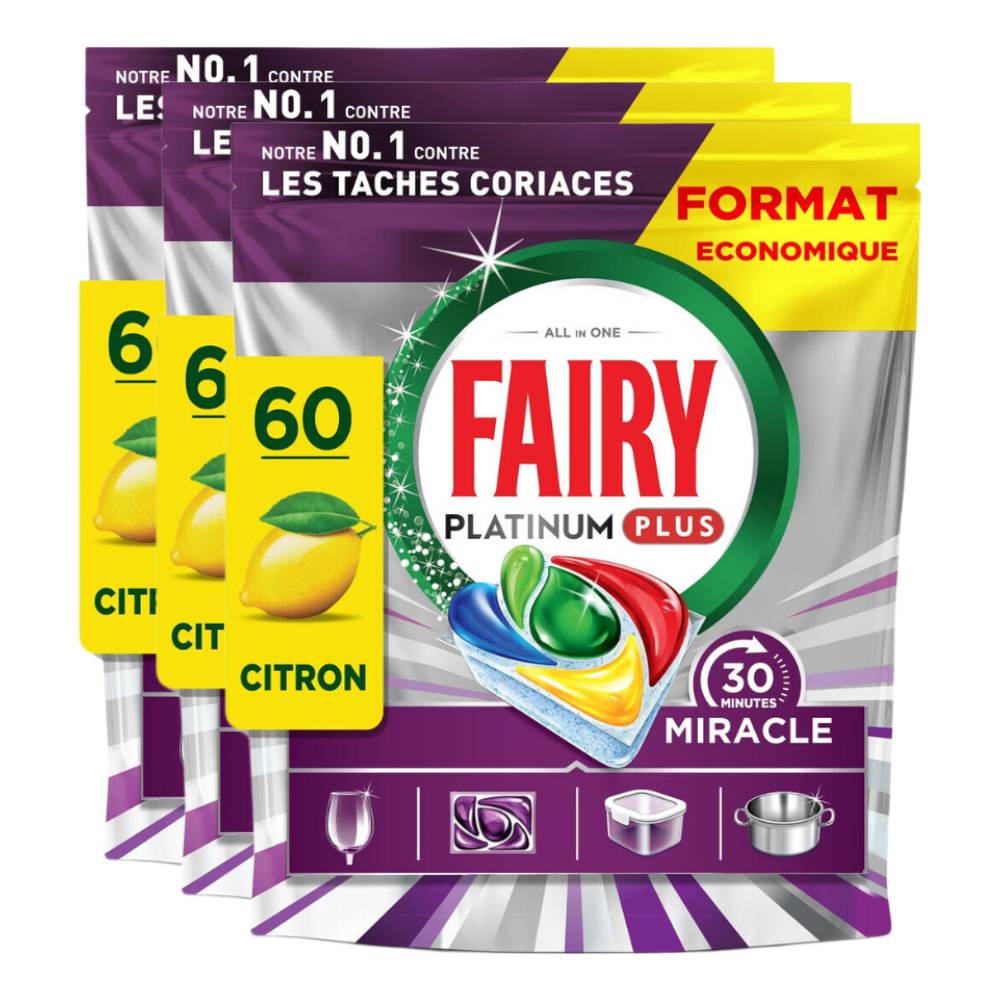 Fairy Tout-en-1 Platinum Plus 30 Minutes Miracle Citron Anti-Mate Capsules Lave-Vaisselle 3 x 60 Tablettes (= 180 Tablettes)