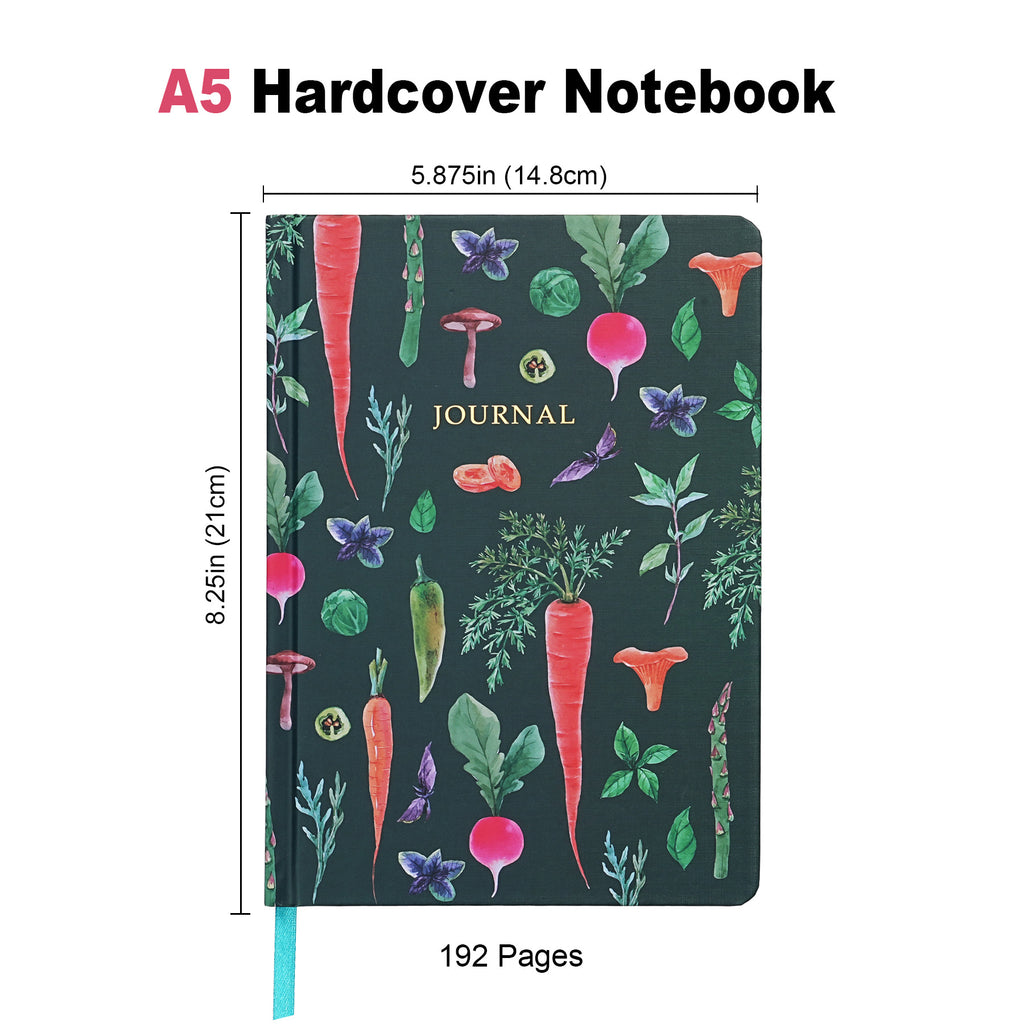 Jubiluu Carnet ligné A5 à couverture rigide texturée avec marque-pages et élastique - Veggie Garden