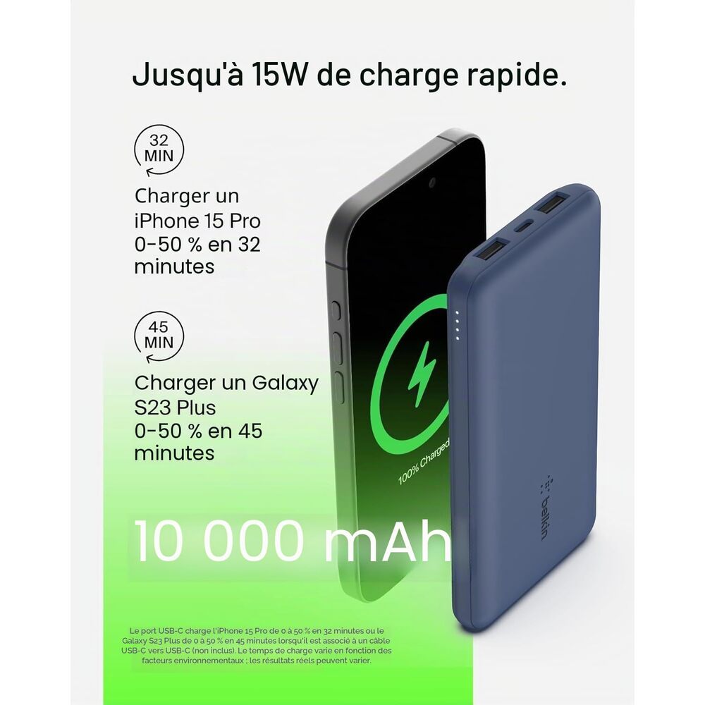 Belkin Batterie Externe BOOST CHARGE™ 10 000 mAh avec USB-C 15W, Double Port USB-A, Câble USB-A vers USB-C 15 cm, Bleu
