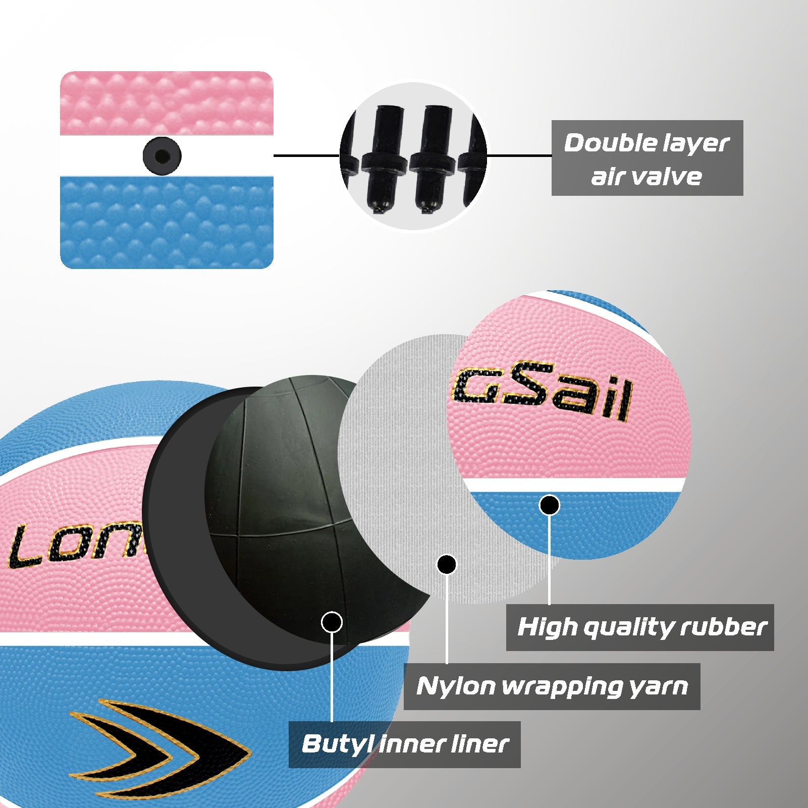 LONGSAIL Ballon de basketball en caoutchouc haute qualité rose/bleu clair - Taille 4