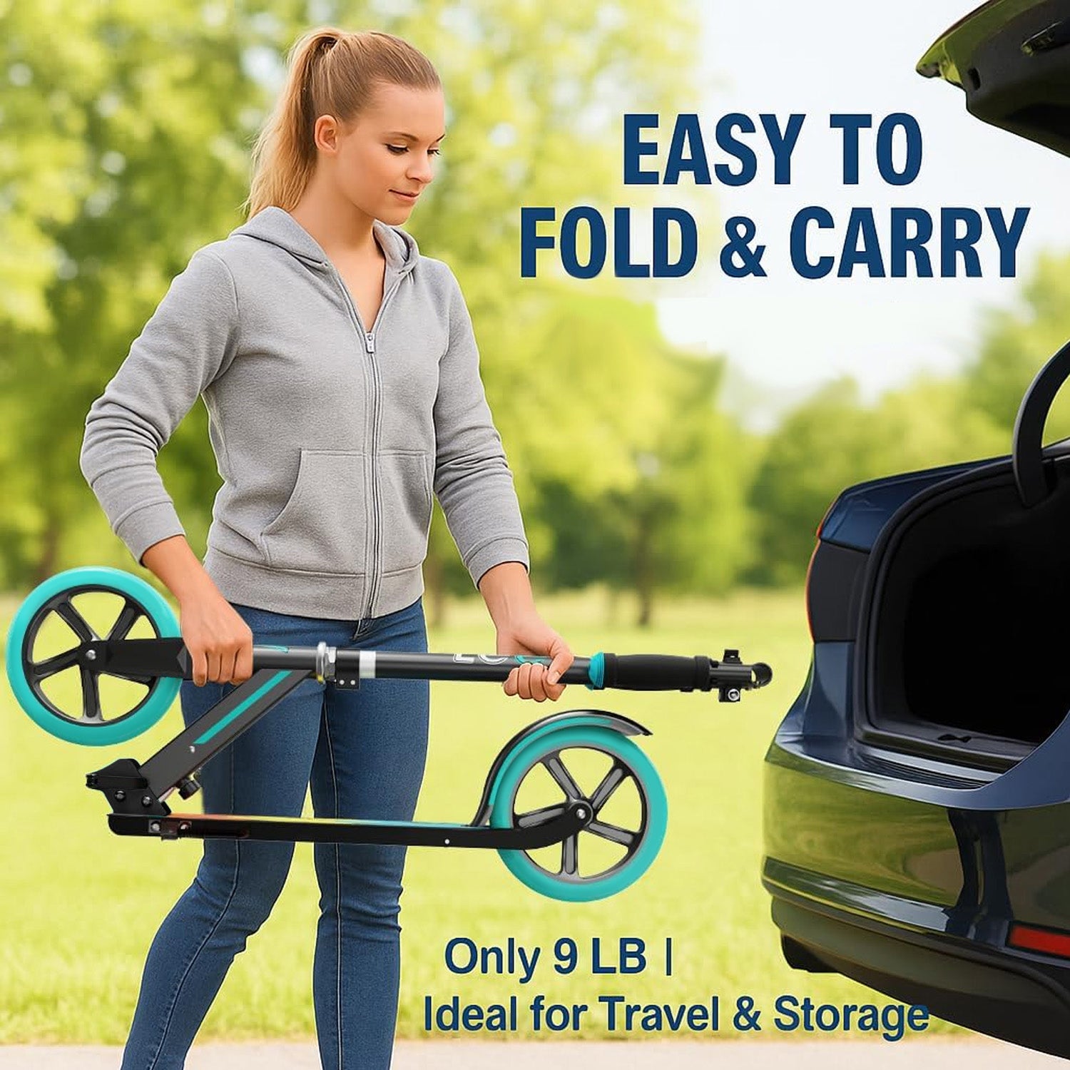 LEEYV Trottinette LY205, Trottinette pour enfants 6–12 ans et adultes, Charge maximale 100 kg, Hauteur réglable, Légère, 2 roues, Trottinette pliable pour enfants avec grandes roues de 205 mm