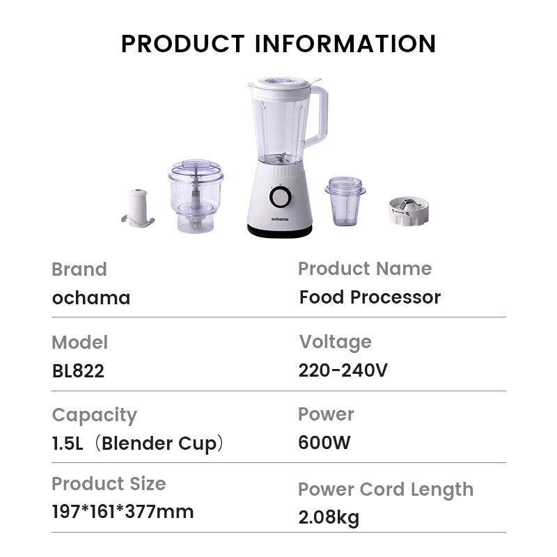 ochama Blender Multifonction 600W, 1,5L Mixeur Électrique Compact pour la Maison, 3 Vitesses, Smoothie, Glace Pilée, Hachoir à Viande, Moulin à Épices, Nourriture Bébé, Jus, Facile à Nettoyer