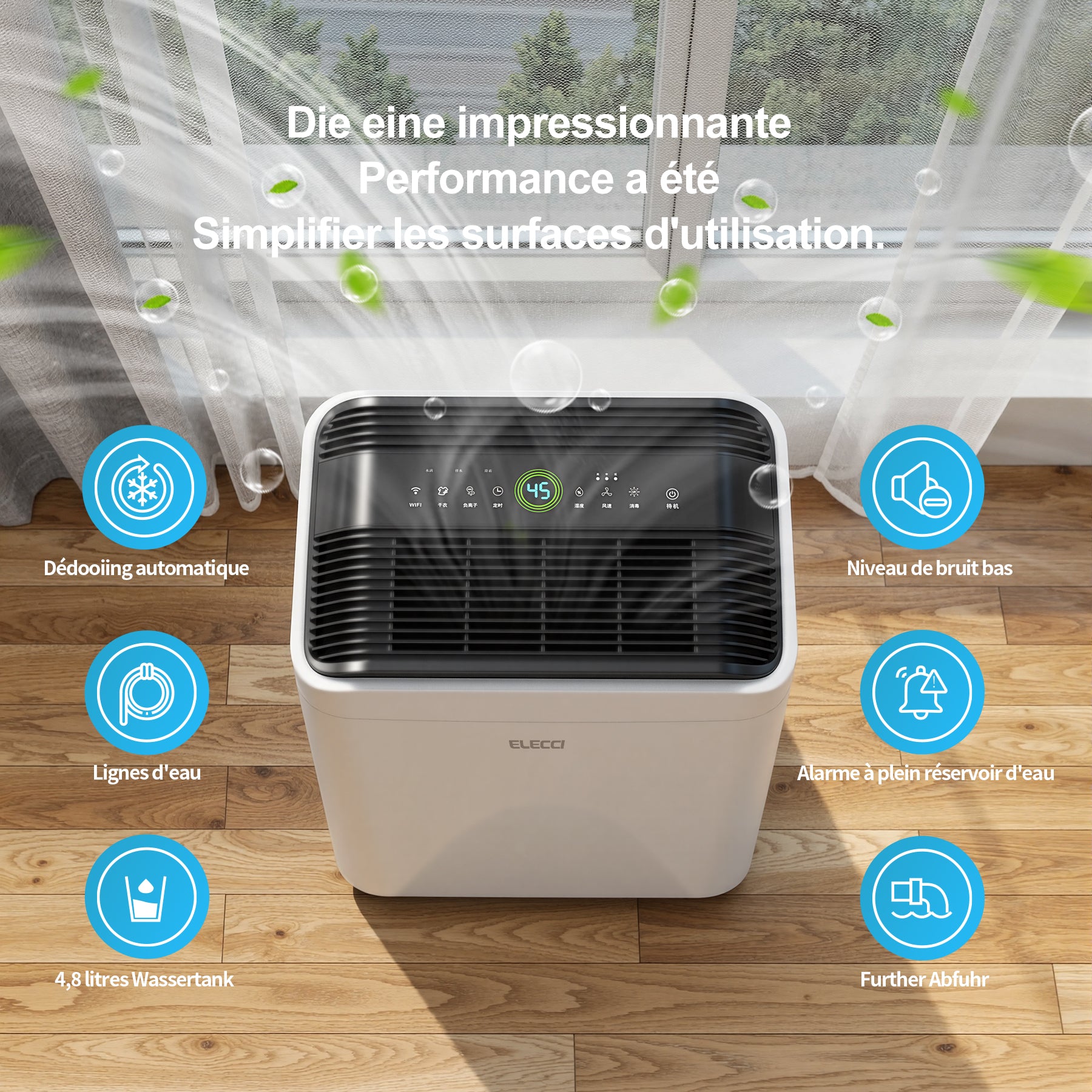 ELECCI Déshumidificateurs 25 L/j, Réservoir d’eau 4,8 L, 3 vitesses, R290, Minuterie 24 h, Évacuation continue avec tuyau d’évacuation, Idéaux pour pièces 50 m².