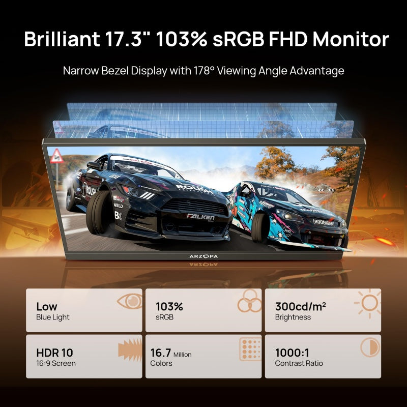 ARZOPA A1M Moniteur portable 17,3 pouces, grand écran portable avec affichage IPS HDR Full HD et pied, parfait comme second écran USB-C et HDMI pour ordinateur portable, PC, smartphone, PS5, Xbox