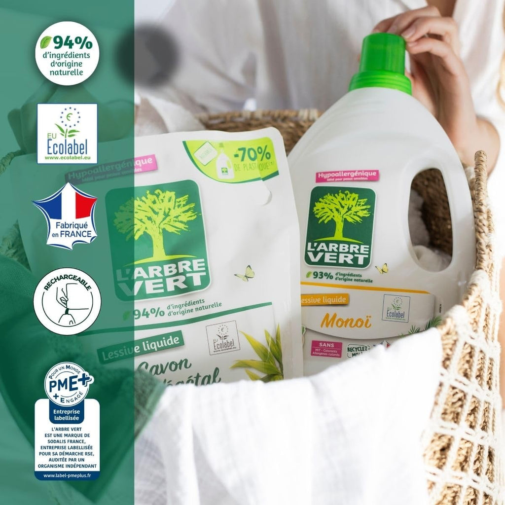 L'Arbre Vert Lessive Liquide Hypoallergénique Peaux Sensibles Famille & Bébé Recharge 34 Lavages 1,53 L