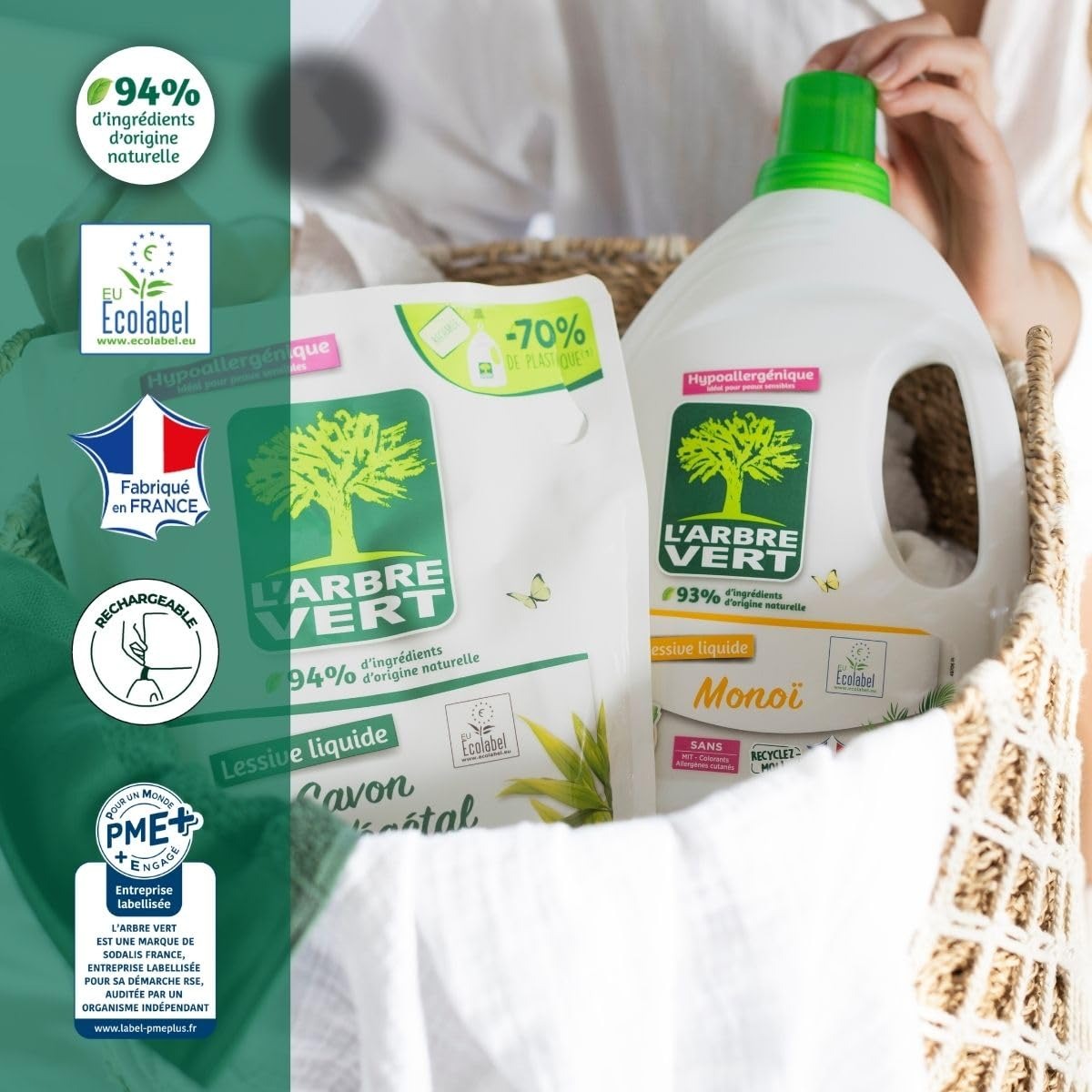 L'Arbre Vert Lessive Liquide Hypoallergénique Peaux Sensibles Famille & Bébé Recharge 34 Lavages 1,53 L