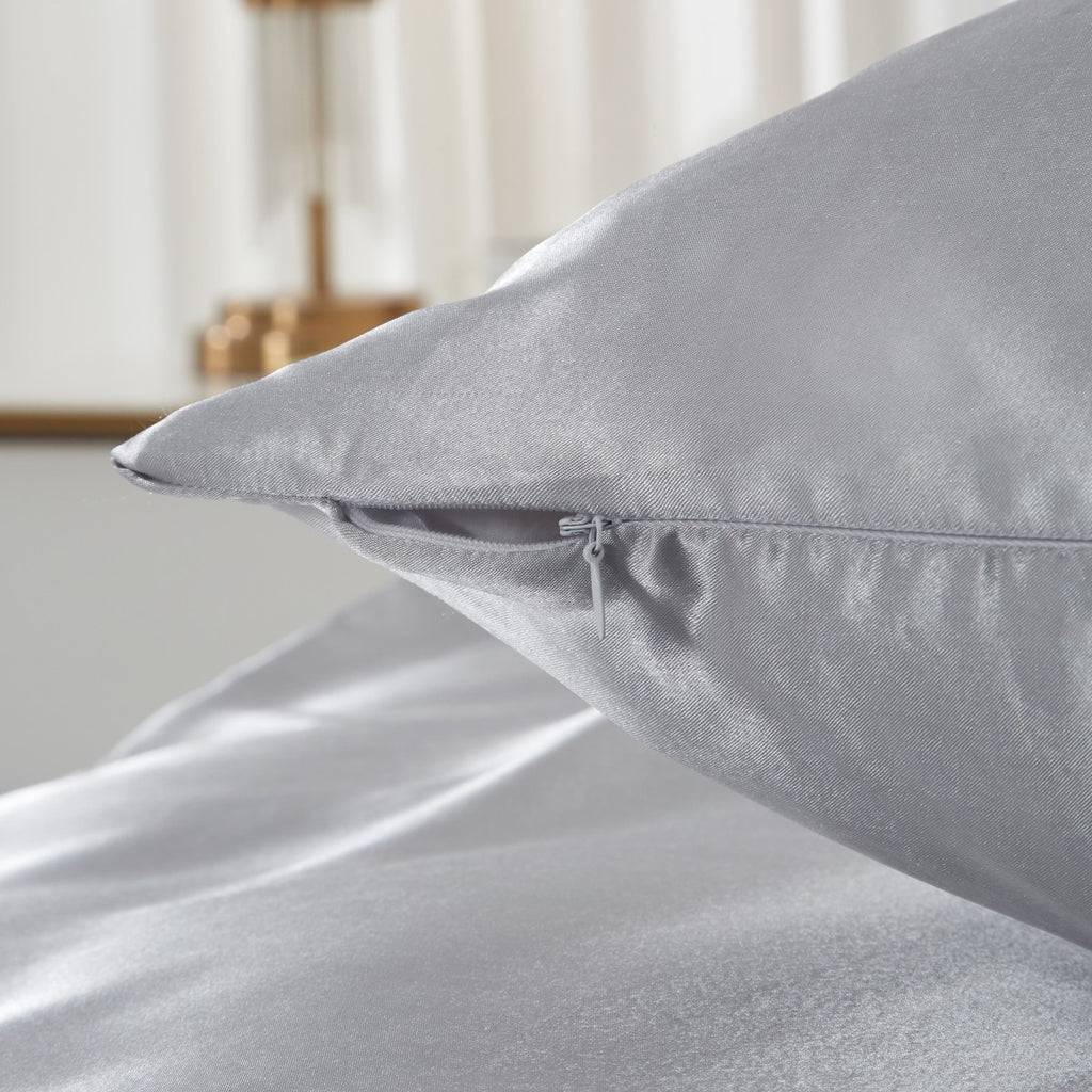 MEEALLHOME Parure de lit satinée gris - 1 housse 155 x 220 cm et 2 taies 80 x 80 cm