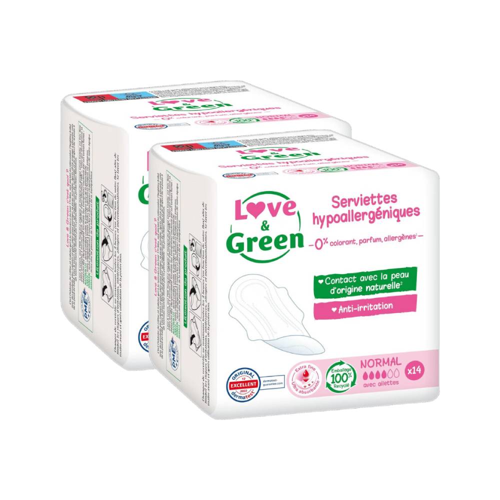 LOVE & GREEN Serviettes Hygiéniques Écologiques Hypoallergéniques Avec Ailettes Normal - 28 Serviettes (2 Paquets de 14)