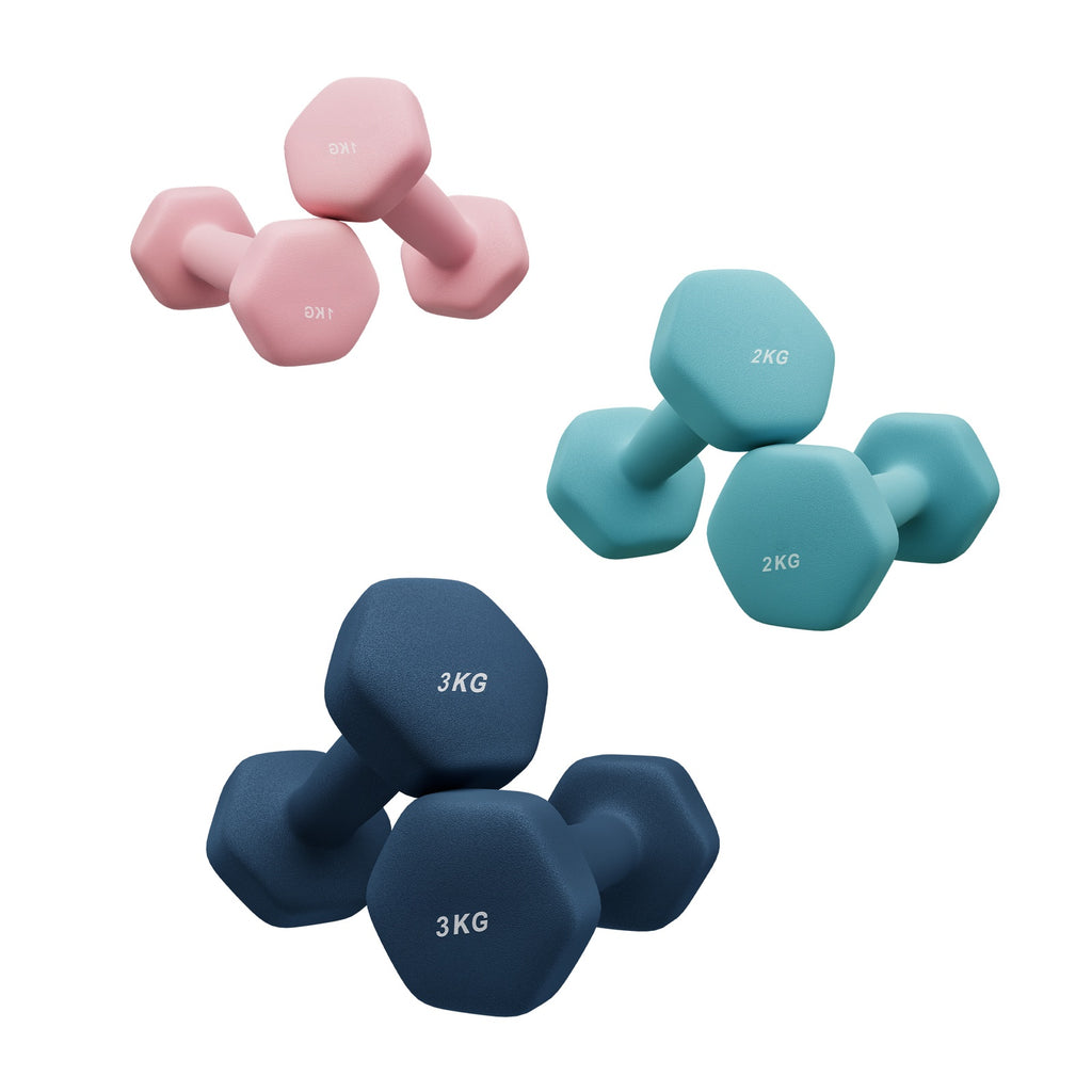 JOYFURNOSEnsemble d’haltères hexagonaux avec support – 3 paires : 1 kg, 2 kg, 3 kg, Revêtement néoprène mat – Haltères pour exercice à domicile