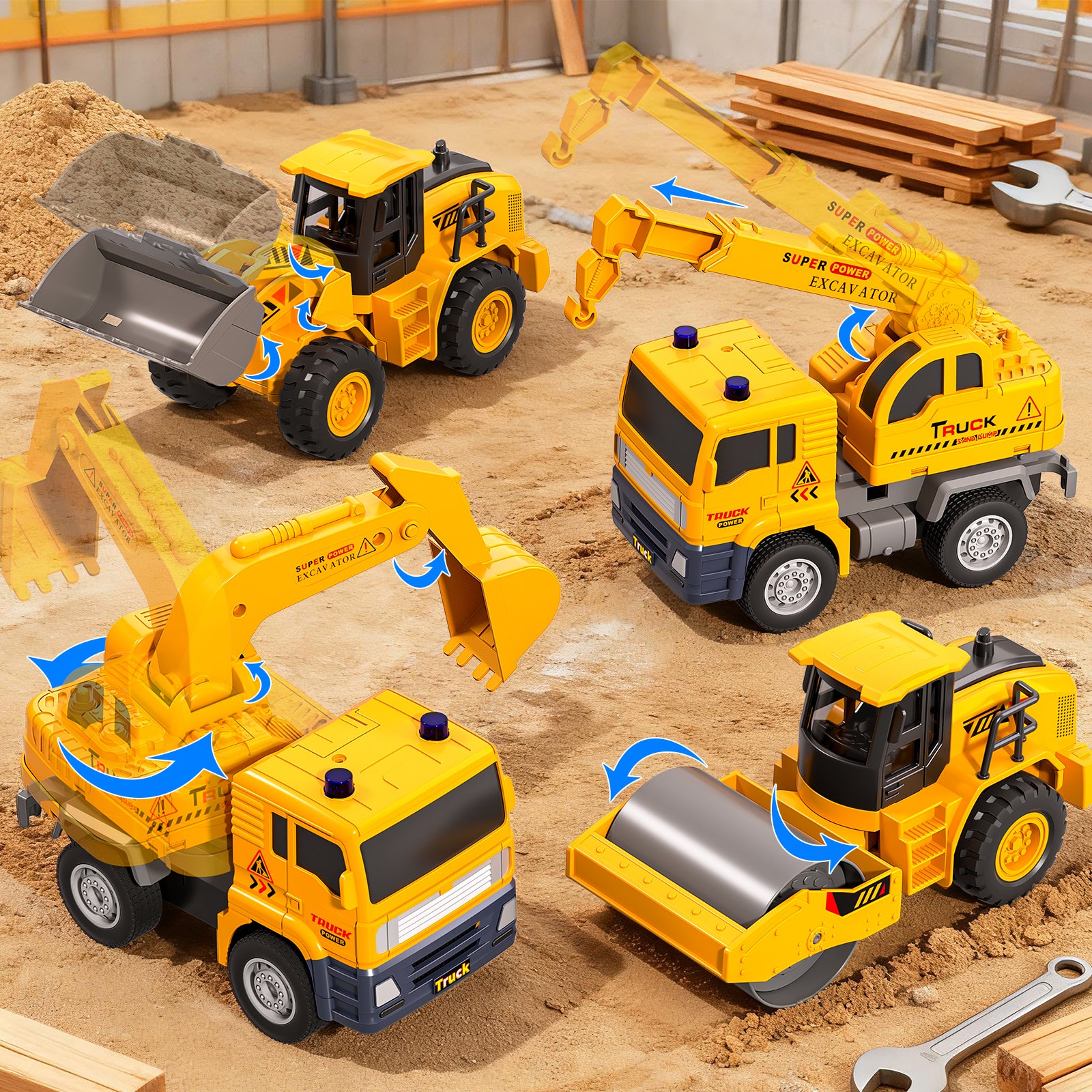 Ensemble de jouets de camions de construction, lot de 4 voitures d'ingénierie à roulement par friction avec pelleteuse, grue, Bulldozer, rouleau compresseur