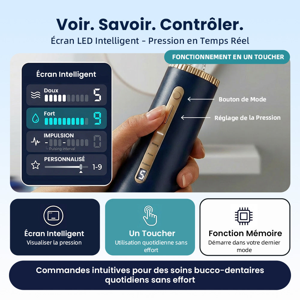 BAIR CARE M11 Hydropulseur dentaire avec assainissement UV (99,9 % d’élimination des bactéries), Très grand réservoir 360 ml, Rangement des buses, Rechargeable USB-C