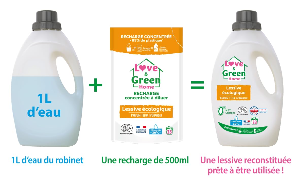 Love&Green Home Recharge concentrée à diluer de lessive parfumée Fleur d'Oranger - 500 ml