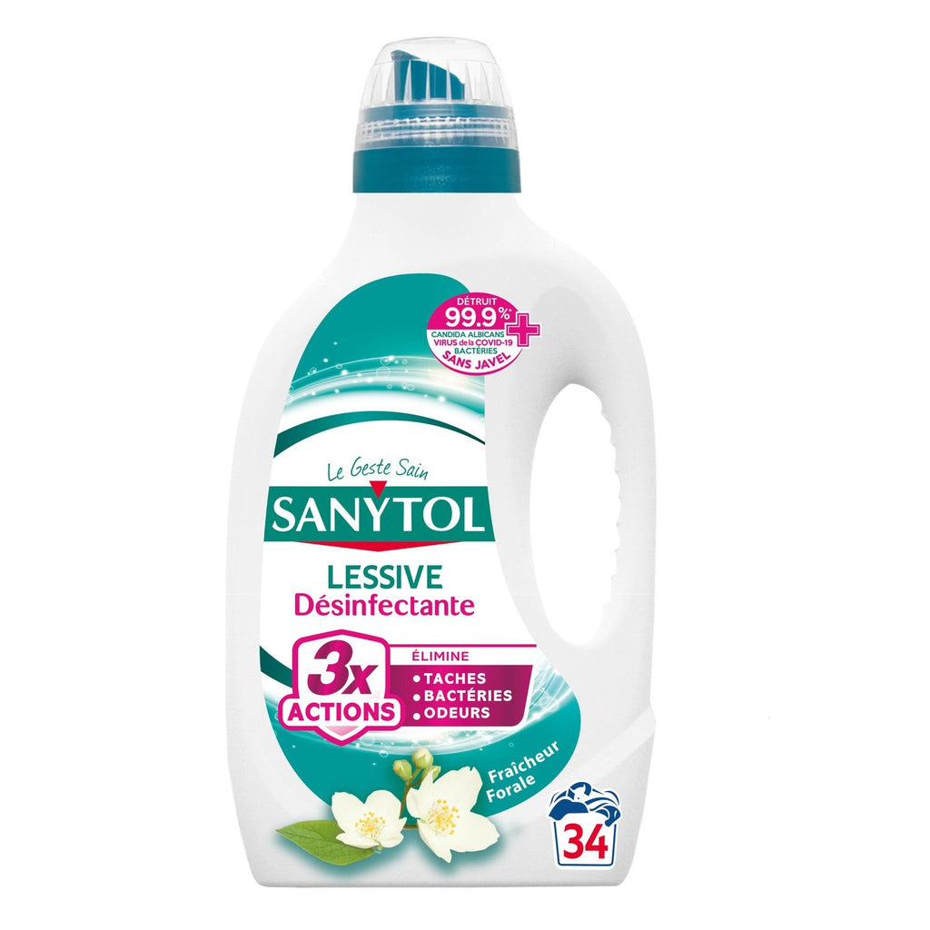Sanytol Lessive liquide désinfectante, Parfum frais floral, Bouteille, 1,7 L, 34 lavages
