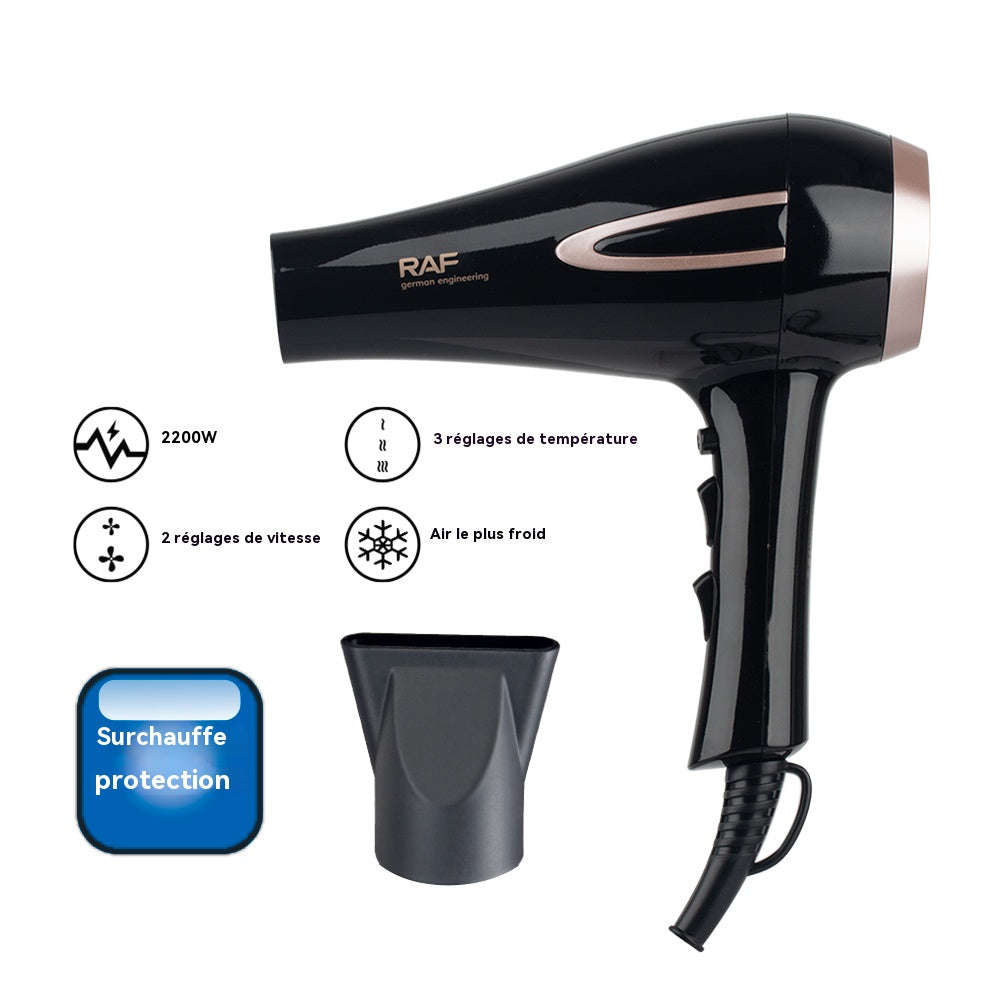 RAF Sèche-cheveux 2200 W avec ingénierie allemande - 3 températures et 2 vitesses, fonction d’air froid, protection contre la surchauffe, embout concentrateur pour séchage rapide et coiffage