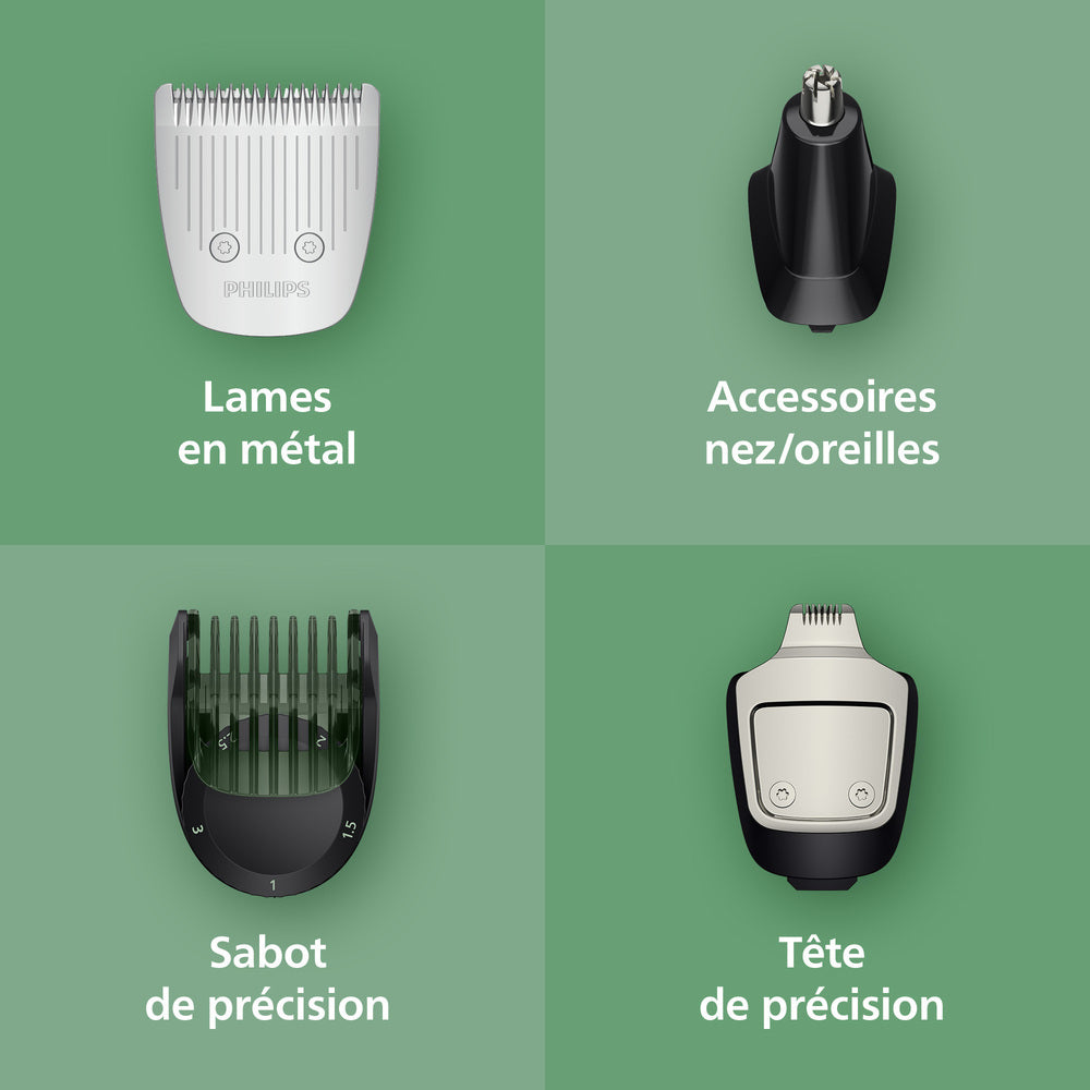 PHILIPS Series 5000 MG5941/15 - Tondeuse 11-en-1, visage + cheveux + corps, lames métalliques auto-affûtées, technologie BeardSense, 11 accessoires et 13 hauteurs de coupe (0,5 à 16 mm). Autonomie de 120 min, recharge USB, 100 % étanche, pochette sou