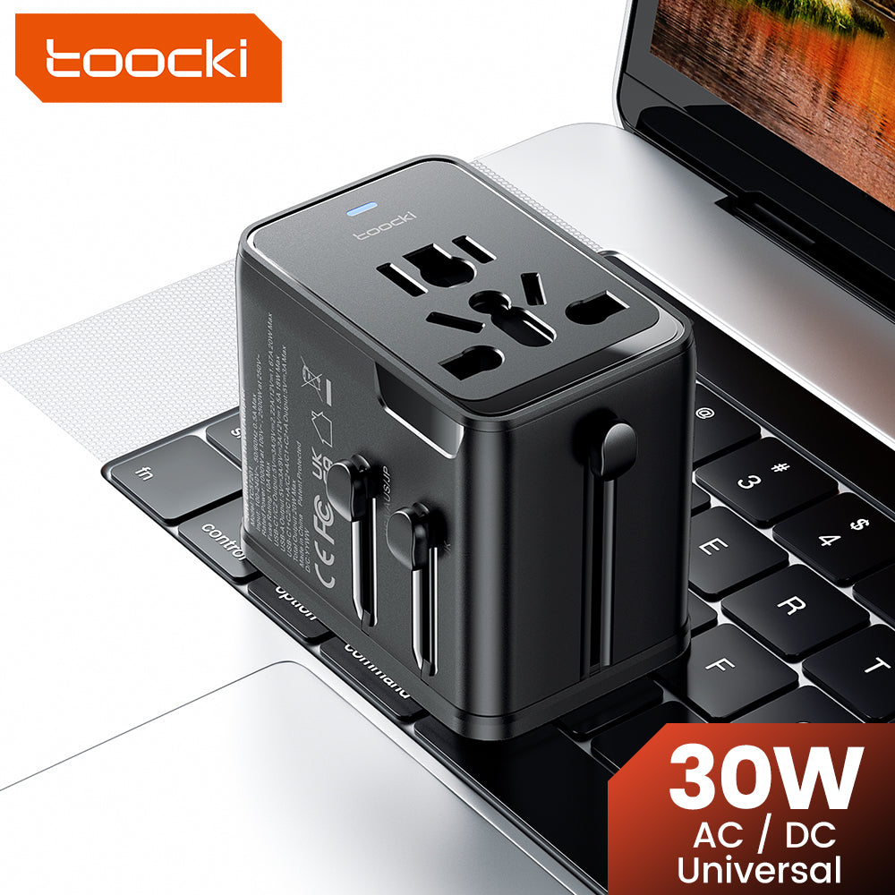 toocki Adaptateur de voyage universel 30 W, chargeur rapide PD – Adaptateur d’alimentation international avec 1 port USB-A et 2 ports USB-C – Adaptateur de prise pour EU, UK, US, AUS