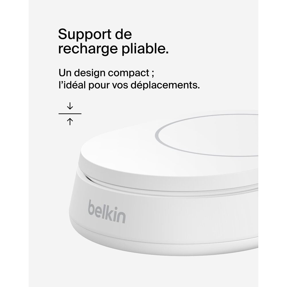 BELKINBOOST CHARGE Pro Qi2 Chargeur sans fil magnétique et pliable à induction 15 W compatible MagSafe pour iPhone 16/15/14 et AirPods, adaptateur secteur 20 W inclus - Blanc