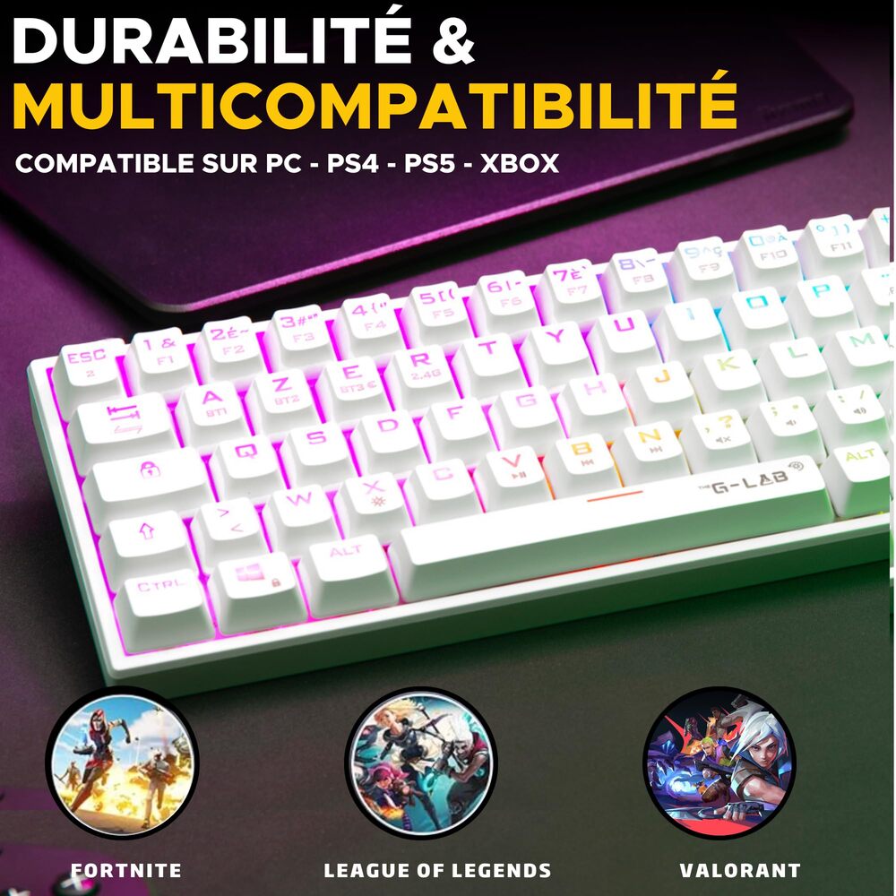 THE G-LAB Keyz Titanium Clavier Gaming Mécanique Switch Rouge Triple Mode RGB 65 % - AZERTY - Blanc