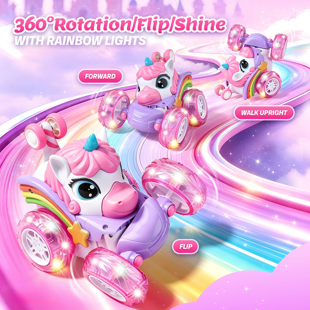 Voiture de Cascade de Licorne Télécommandée pour Enfants, Camion Télécommandé à Rotation de 360 Degrés avec Roues Lumineuses, Cadeau de Voiture Jouet Rechargeable Thème Licorne Rose Violet Mignon pour Petites Filles Âge 3+