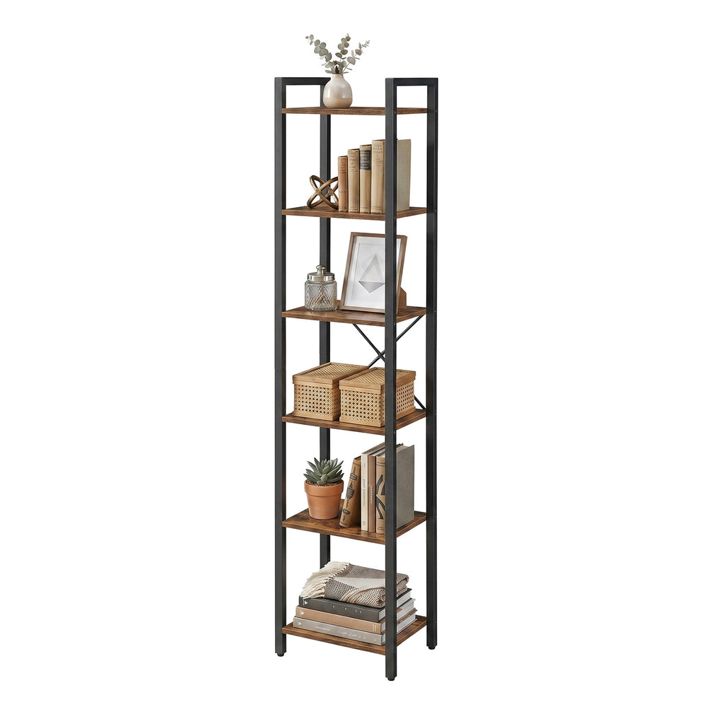JOYFURNOS Bibliothèque à 6 Niveaux, ?tagère de Rangement pour Bureau, Salle d’?tude, Salon et Chambre, 30 x 40 x 187,5 cm, Style Industriel, Marron Rustique et Noir