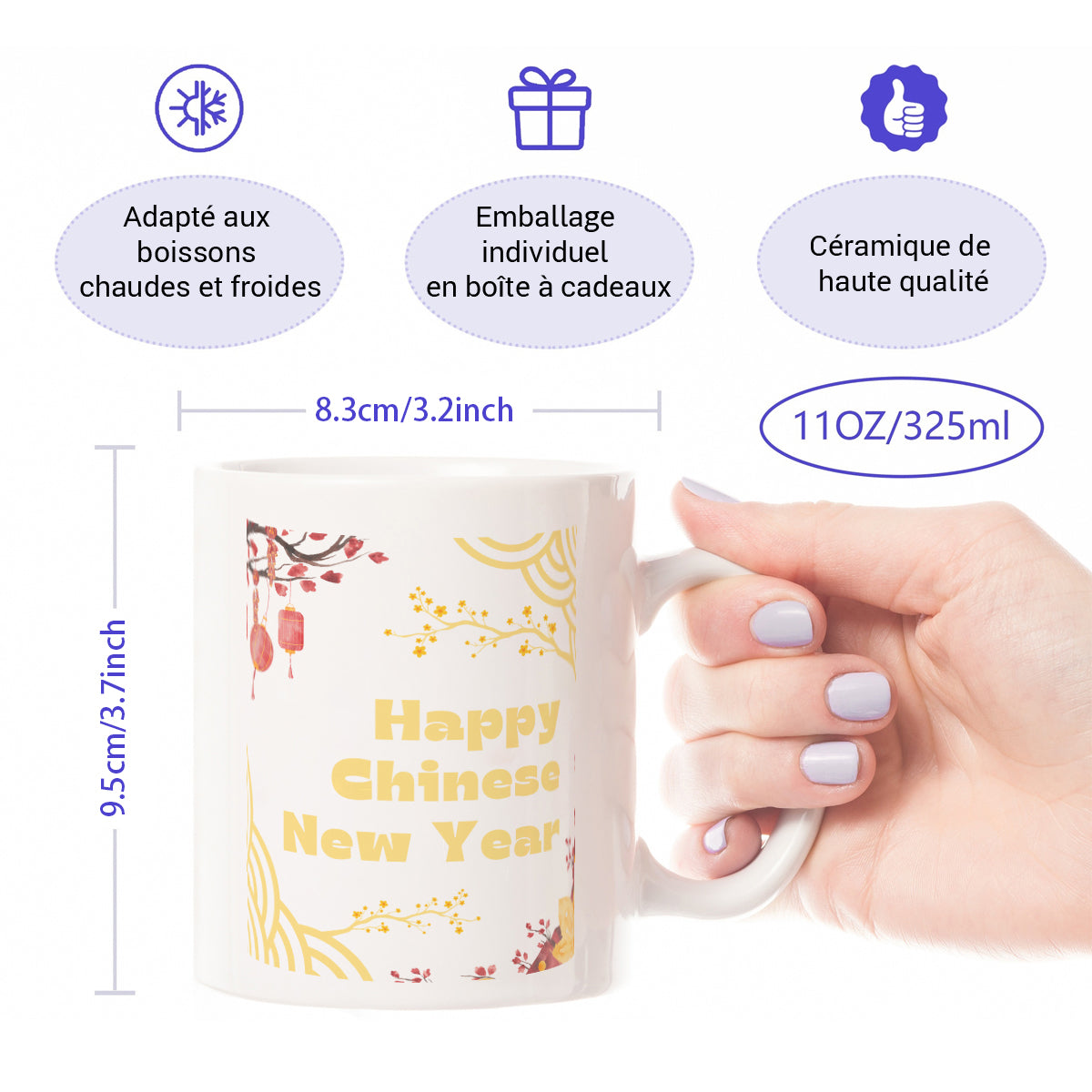 Alphynix 1 pc Tasse Nouvel An chinois 11 oz En céramique Avec lanternes rouges et fleurs de prunier Cadeau de fête pour amis Famille Collègues Cadeau d'anniversaire Saint-Valentin