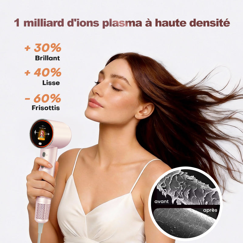 Uniorange H6 Sèche-cheveux à haute vitesse avec technologie plasma, écran LCD HD, 5 modes intelligents, 1600 W de puissance et 1 milliard d'ions plasma