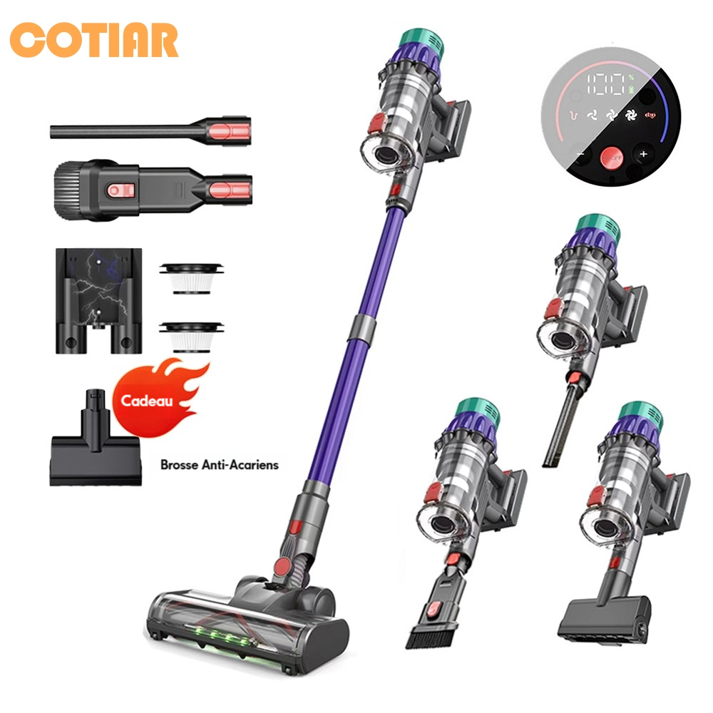 COTIAR V22 Aspirateur sans fil 650 W, 55 kPa de puissance d’aspiration, moteur sans balais, 1,2 L de capacité, écran LED, pour sols et tapis, capture des poils d’animaux - Violet
