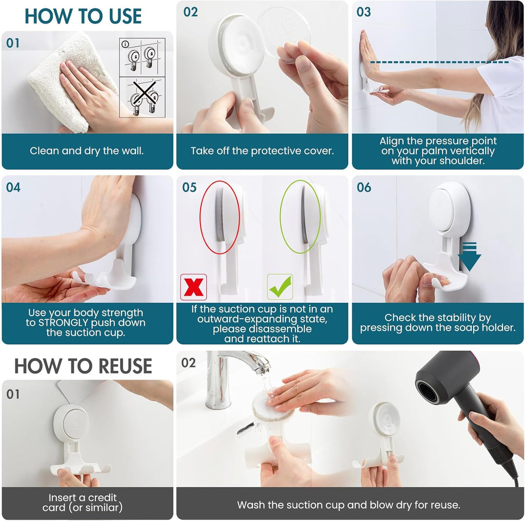 Taili, Lot de 2 supports muraux à ventouse puissante pour douche, rasoir, éponge, serviette - Blanc