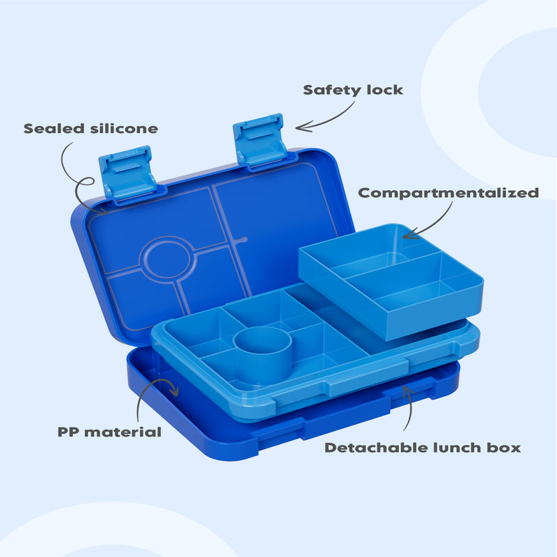 Boîte à déjeuner bento 5 compartiments Meoky avec double fermoir - Bleu