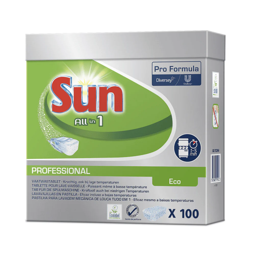 SUN Eco Tablettes lave-vaisselle Tout en 1 Ecolabel européen film hydrosoluble 100 tablettes
