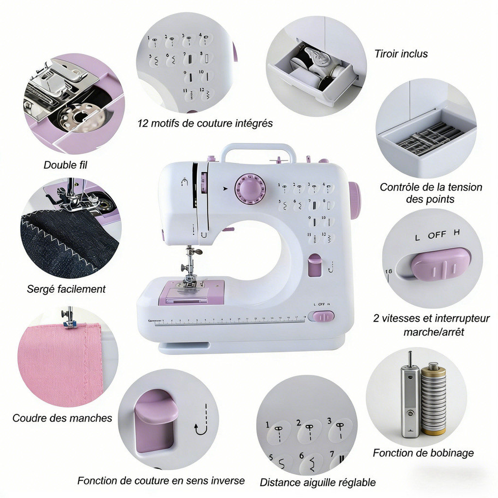 IAGREEA Mini machine à coudre YASM-505A Violet pour débutants, marche arrière, portable, multifonction, réparations domestiques et loisirs créatifs, 12 points intégrés