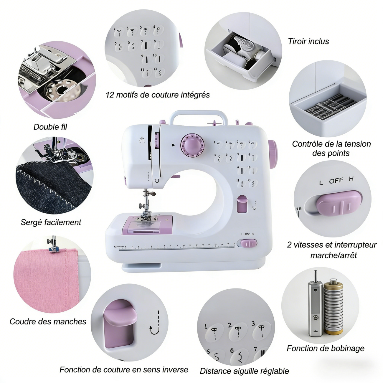 IAGREEA Mini machine à coudre YASM-505A Violet pour débutants, marche arrière, portable, multifonction, réparations domestiques et loisirs créatifs, 12 points intégrés