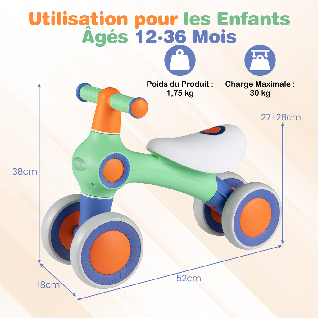 Draisienne pour bébé, siège rembourré réglable, 4 roues silencieuses, sans pédales, vert