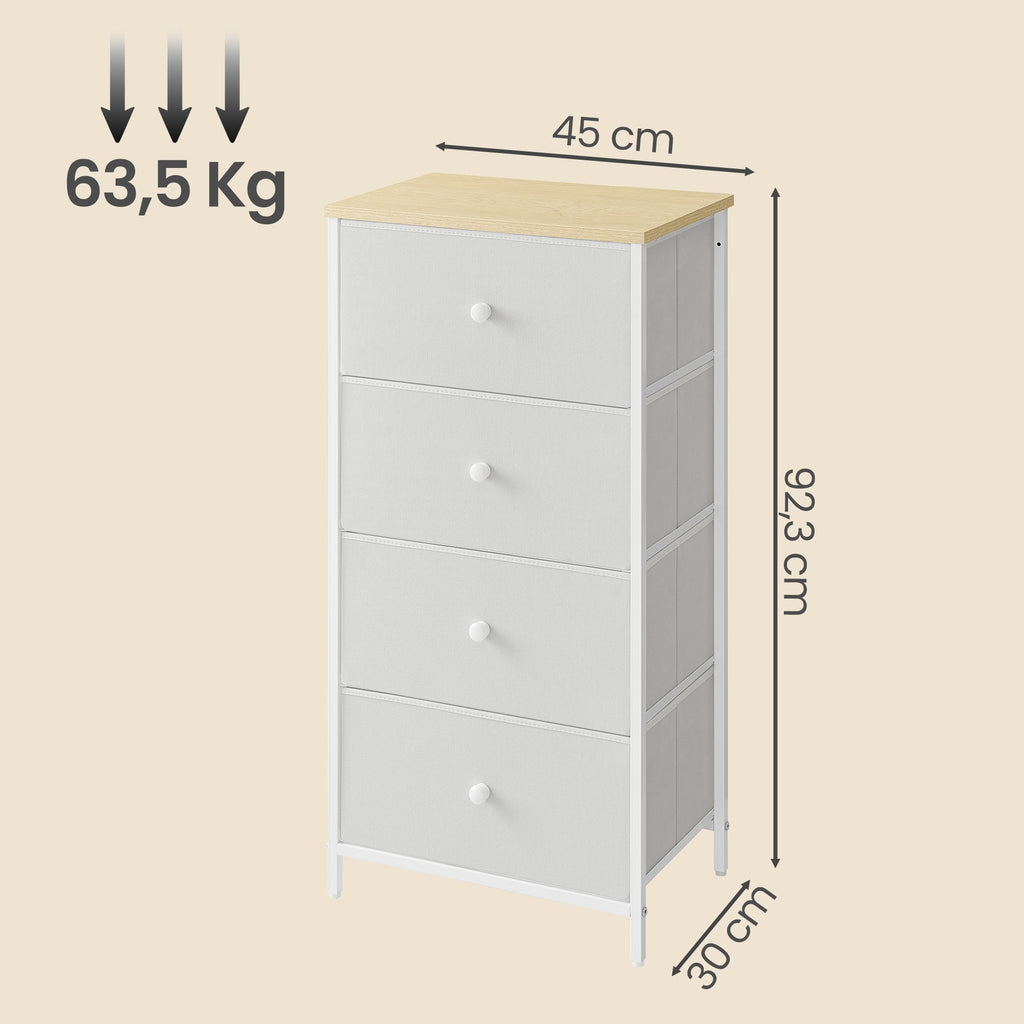 JOYFURNOS Commode en tissu pour chambre, avec 4 tiroirs, cadre en métal, blanc