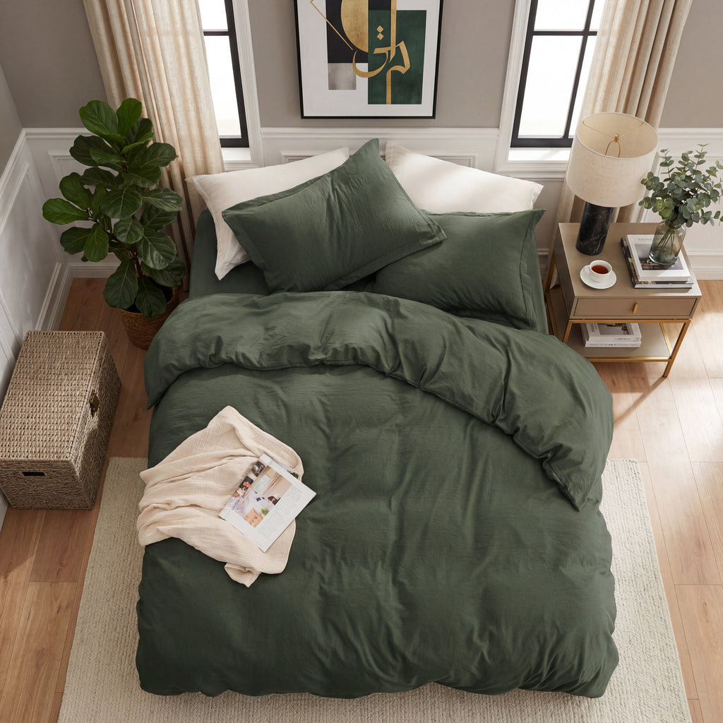 Parure de lit 3 pièces 155 x 220 cm - Vert olive - Fabriqué en coton doux prélavé - Aspect coton - Certifié Oeko-Tex