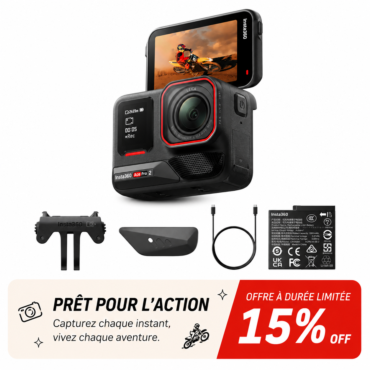 Insta360 Ace Pro 2 Pack Double Batterie - Caméra d'action 8K étanche avec Leica, capteur 1/1,3 pouce, double puce IA, excellente qualité en basse lumière, audio avancé, écran rabattable, édition IA