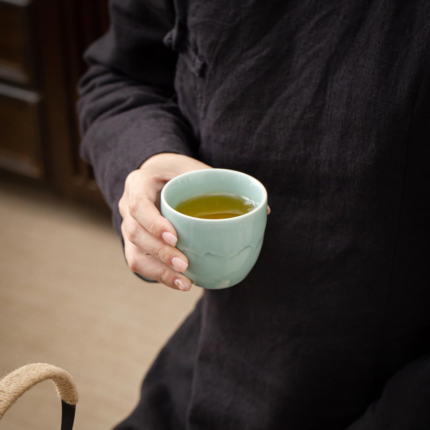 TEANAGOO Tasses à Thé Japonaises, 6.3 oz/180ml, Céladon Bleu, 4 Pièces/Boîte, Sans Anse, Céramique, Pour Thé Japonais et Asiatique, Soldes du Nouvel An, Idées Cadeaux Incontournables