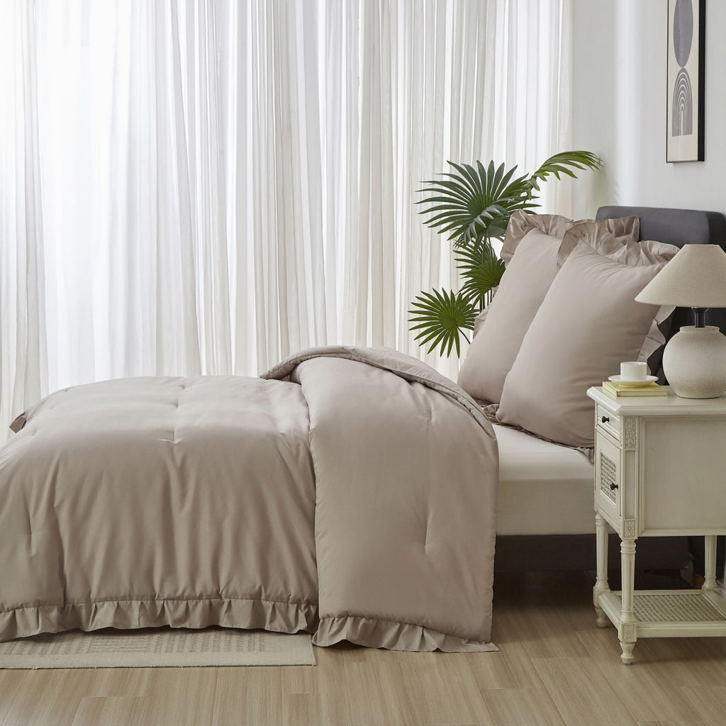 MEEALLHOME Parure de lit vintage à volants blé - 1 housse 240 x 220 cm et 2 taies 65 x 65 cm