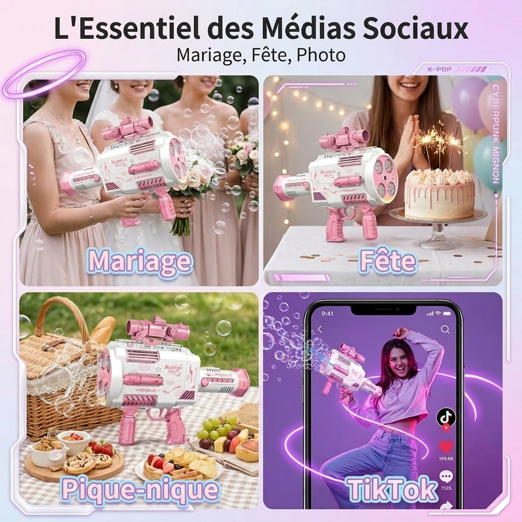Pistolet à bulles Gatling rose Tokky, machine à bulles automatique à 48 trous avec lumières LED colorées, chargement USB et conception étanche à 360 degrés, jouet tactique pour filles