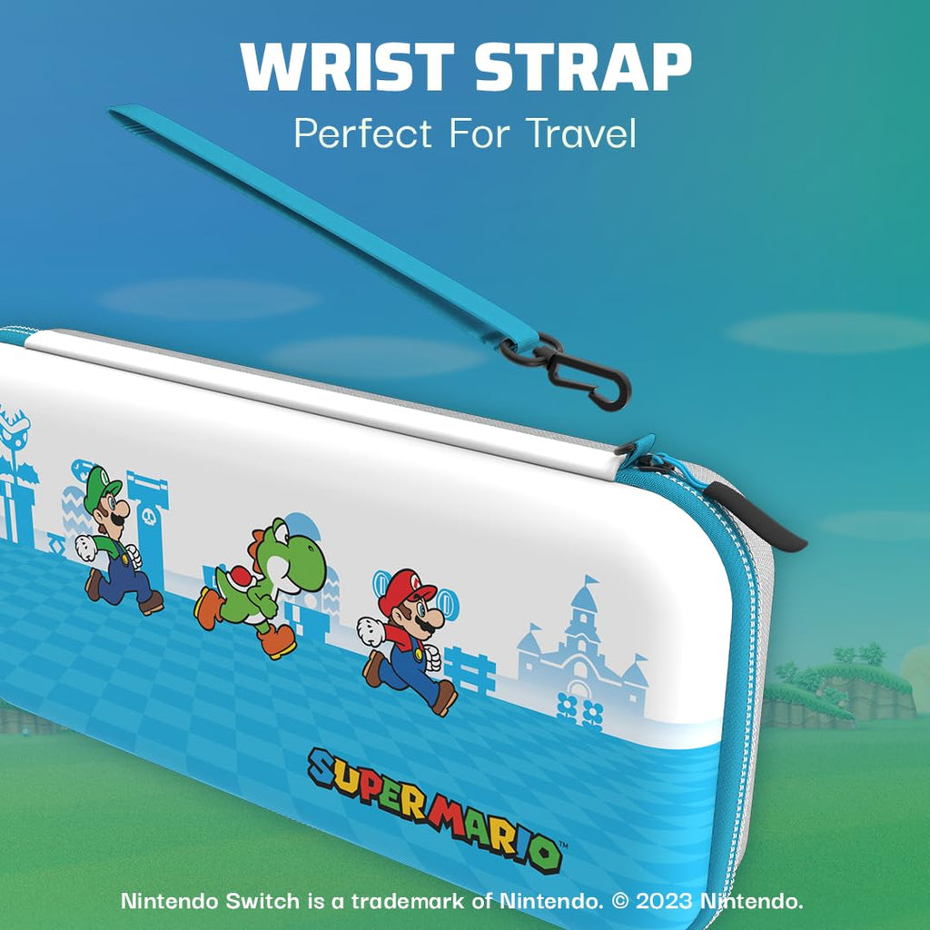 PDP Étui Rigide Travel Case Mario Nintendo Switch, Switch Lite et OLED - Plateau Amovible - Design Élégant - Licence Officielle Super Mario - Motif Escape - Bleu et blanc