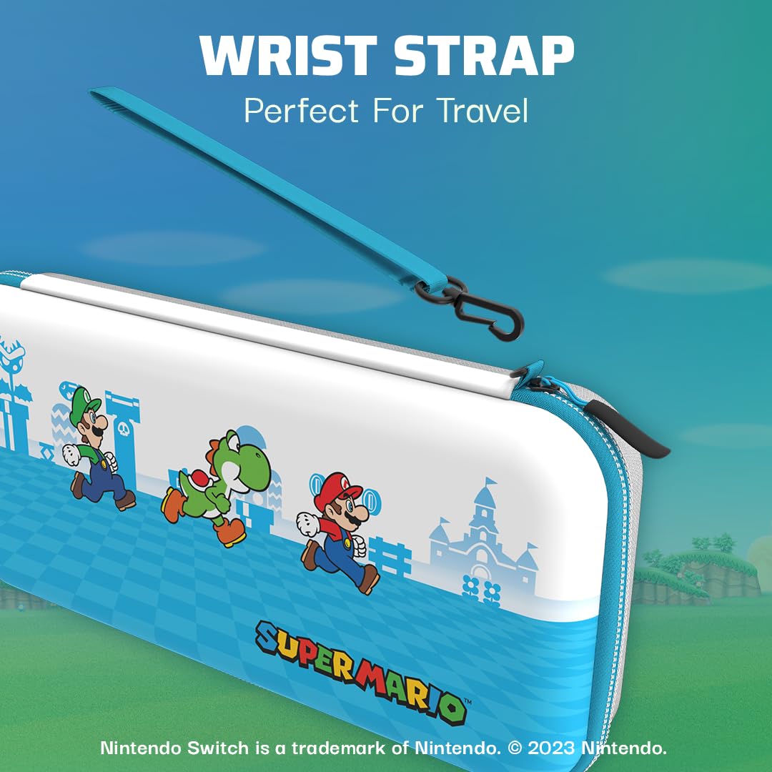 PDP Étui Rigide Travel Case Mario Nintendo Switch, Switch Lite et OLED - Plateau Amovible - Design Élégant - Licence Officielle Super Mario - Motif Escape - Bleu et blanc