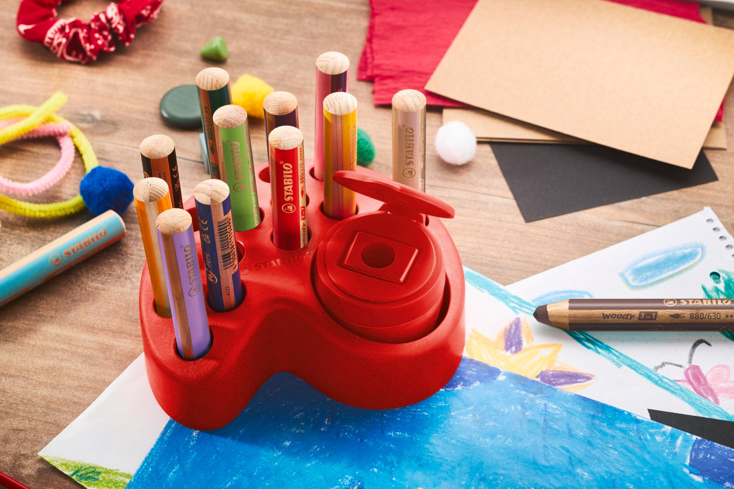 STABILO Woody 3-en-1 Taille-crayon pour crayons jumbo - Rouge