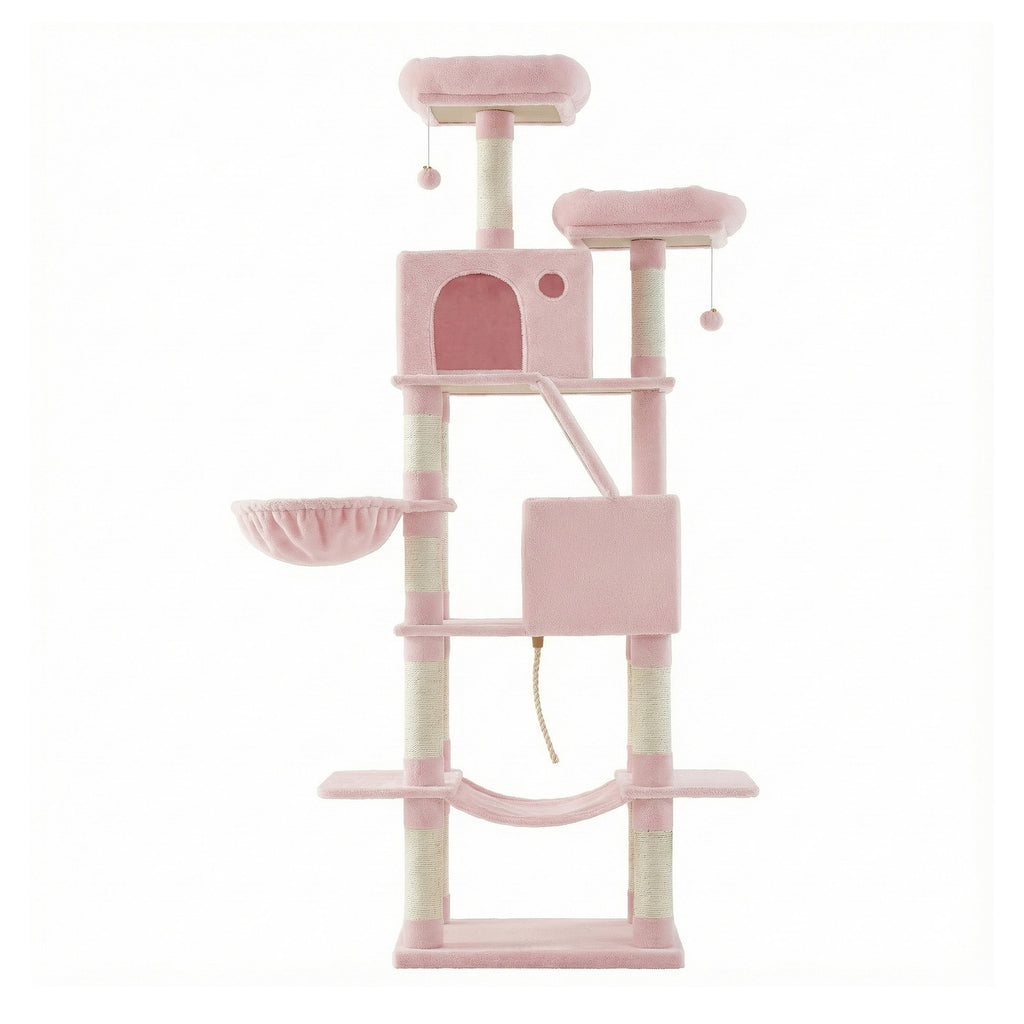 Arbre à chat hauteur 206 cm avec 13 griffoirs, 2 plateformes, 2 niches et panier, hamac, pompon - Rose bonbon