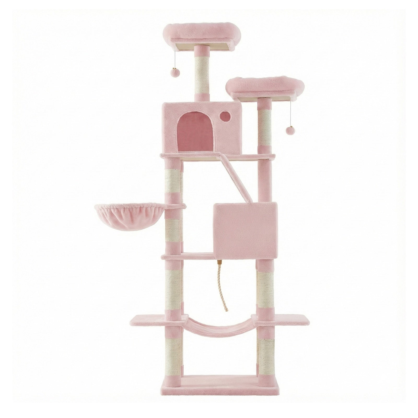 Arbre à chat hauteur 206 cm avec 13 griffoirs, 2 plateformes, 2 niches et panier, hamac, pompon - Rose bonbon