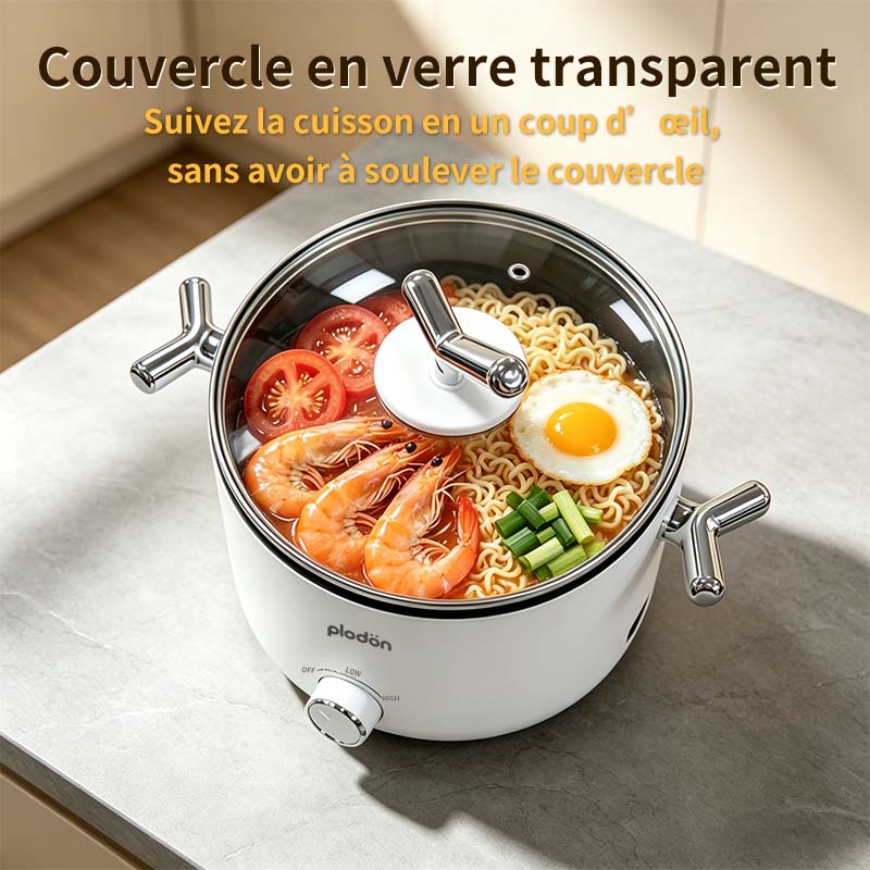 plodon Marmite électrique 2,0 L, portable, multifonction et antiadhésive, 1000 W, cuiseur de nouilles rapide, wok, mijoteuse, pour steak, œuf, nouilles ramen, soupe d’avoine